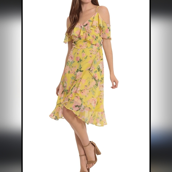 NWT London Times Crinkled Chiffon Faux Wrap Floral Flutter Spring Midi Dress 8 - Picture 1 of 12